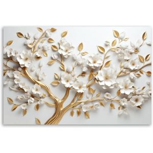 Tableau Décoration Murale 3D Fleur - 30x20 cm - Motif floral - Peinture sur toile - arbre doré à fleurs blanches - Feeby