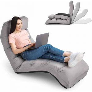 RELAX4LIFE Fauteuil au Sol Réglable en 5 Positions 90-180° +OreillerChauffeuse 1 Place Convertible pour Bureau/Salon/Chambre Gris
