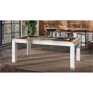 Table de Billard - Transformable en Table &agrave; Manger - Bois et Pieds Blanc - Gris - 213 x 112.5 x 82.5 cm