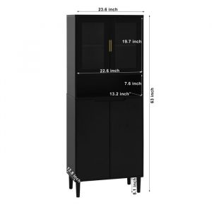 Biblioth&egrave;que haute avec porte en verre tremp&eacute; et plateau r&eacute;glable 4 portes armoire en MDF laqu&eacute; noir rangement pour le salon et