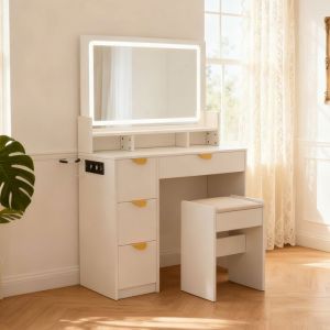 Coiffeuse - NMONET - Miroir LED - 4 Tiroirs - Tabouret Padded - 90x40x140cm