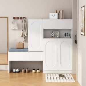 Armoire &agrave; Chaussures avec Banc Rembourr&eacute; avec Porte &agrave; Clapet Soft-Close &Eacute;tag&egrave;res Ajustables Meuble Entr&eacute;e Blanc 130&times;35&times;110 cm
