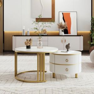 Lot de 2 Table basse blanche gigognes 70 x 70 x 46cm + 50 x 50 x 40 cm Table dappoint ronde brillant avec 2 tiroirs pour salon