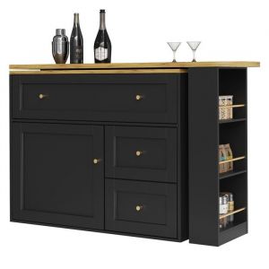 Table bar extensible 138-204x39x105cm noir rangement + étagère snack îlot cuisine buffet haut table bistro