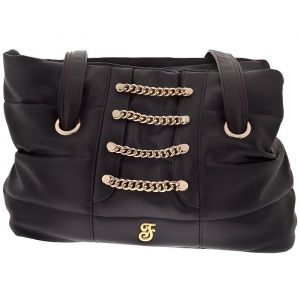 Sac de transport chic et &eacute;l&eacute;gant pour petit chien en cuir synth&eacute;tique orn&eacute; de chaines et bouclerie dor&eacute;e. Ferribiella