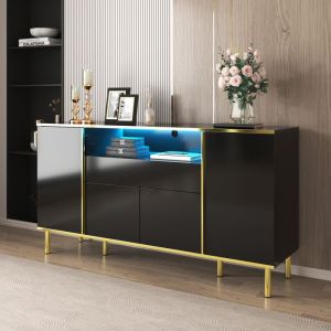 Buffet Moderne Noir Laqu&eacute; Meuble de Rangement avec Tiroir et &Eacute;clairage LED MDF et Panneaux de Particules - 150x40x80 cm