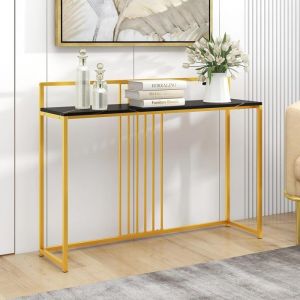 GIANTEX Console Meuble Entrée à Étage en Effet Marbre Noir- Table Console Scandinave pour Salon- Cadre en Métal- 120x 32x 89cm
