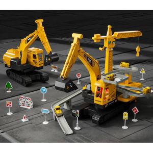 Camion de Construction Jouet2 en 1 Tractopelle Enfant Lumi&egrave;res Musique Camion Tractopelle Set avec 4 Mini V&eacute;hiculesCadeau