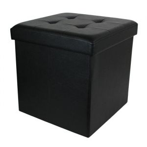 Pouf Coffre Pliable Carr&eacute; Simili Cuir Noir Capitonn&eacute; - RONNY
