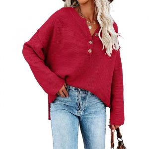 Pull Femme En Tricot Manches Longues Automne Hiver Hauts Pullover Lâche Col V Avec Boutons Couleur Unie - Rouge
