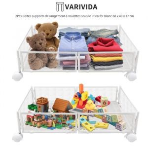Bo&icirc;te de rangement &agrave; roulettes sous le lit - VARIVIDA - Blanc - 60 x 40 x 17 cm - M&eacute;tal - Adulte