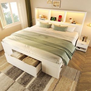 Lit double 140x190 cm Lit enfant en bois avec table de chevet bande LED ports USB tiroir compartiments et sommier &agrave; lattes