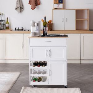 Desserte de cuisine multi rangements 2 placards tiroir casier 9 bouteilles MDF blanc plateau bois caoutchouc