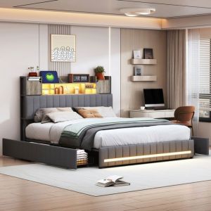 Lit double 160 x 200 lit adulte 160 x 200 avec tiroirs avec port USB et LED rangement t&ecirc;te de lit tiroir de rangement lin gris
