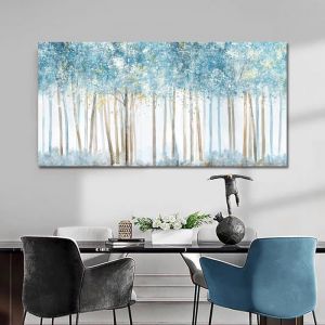 Arbre Bleu Forêt Brumeux Impression sur Toile Tableau Peinture Affiche Mur Art Paysage Forêt Decoration Murale 50x100cm sans cadre