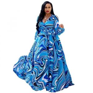 ROBE Femme - longue imprimée à manches longues en mousseline de soie bohème - style1 bleu YH™