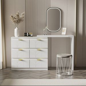 Coiffeuse - Coiffeuse blanche - Bureau avec 6 tiroirs - Plateau pivotant - Laqué - Sans miroir ni tabouret
