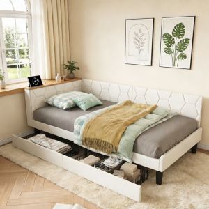 Lit gigogne 90x200cm avec sommier LED et USB Tpye C - Lit coffre avec 2 tiroirs - Lit une place - T&ecirc;te de lit r&eacute;glable-Velours Beige