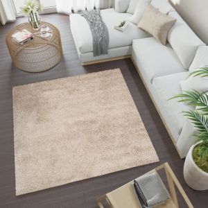 TAPISO Tapis Salon Shaggy Carré Poil Long ESSENCE Beige Foncé Uni Polypropylène Intérieur 120x120