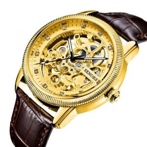 Montre homme cadran squelette mode doré étanche mécanique automatique bracelet en cuir diamant mode classique