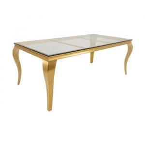Table de salle &agrave; manger VELENA &ndash; Rectangulaire 200 cm &ndash; Verre tremp&eacute; et acier dor&eacute; &ndash; Style baroque chic