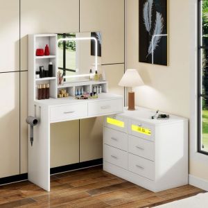 YITAHOME Coiffeuse avec Miroir et Éclairage Commode 6 tiroirs Luminosité Réglable avec USB prise RVB Blanc 140 x 40 x 135 cm