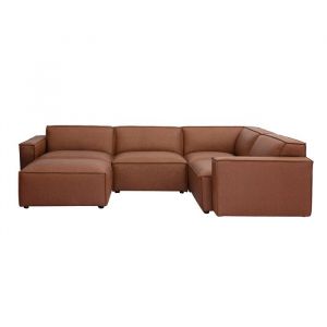 Miliboo - Canap&eacute; dangle modulable vintage 5 places et pouf en cuir marron SPLIT