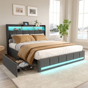 Lit coffre en lin gris 160 x 200 cm lit double avec LED et port USB lit adulte avec tiroir de rangement et sommier &agrave; lattes