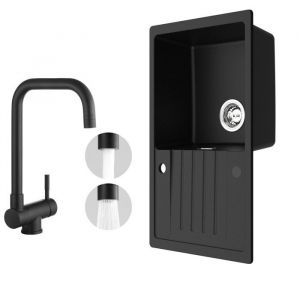 78x45cm &Eacute;vier de Cuisine en granit avec &eacute;gouttoir+mitigeur pliant Noir