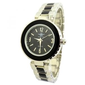 MONTRE ACIER FEMME NOIR RONDE CLASSIQUE PLATE BLANC BIJOUX ARGENT ID&Eacute;E CADEAU
