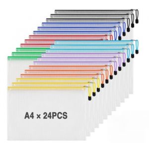 24 PCS Pochette Document Zippée A4 Pochette Plastique Zippée Document Dossier Pochette PVC Mesh Zipper PouchFournitures de Bureau