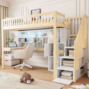 Lit Mezzanine 1 Place avec LED et &eacute;chelleLit enfant 90x200 avec compartiments de rangement et bureauBlanc+Naturel(Sans Matelas)