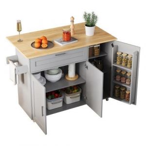 Desserte à Roulettes Cuisine rangement en bois multifonctionnelle avec plan de travail -avec tiroir-L132.5 x P44(70) x H90 cm-Gris