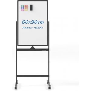 COSTWAY Tableau Blanc Magnétique 60 x 90 cm Double Face Réversible Effaçable à Sec 2 Hauteur Réglable 4 Roulettes Mobile Noir