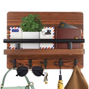 Porte Clef Mural Bois &agrave; 5 Crochets Boite a Clefs Murale avec &Eacute;tag&egrave;re de Rangement pour Rangement Des Cl&eacute;s et Courrier &agrave; Lentr&eacute;e