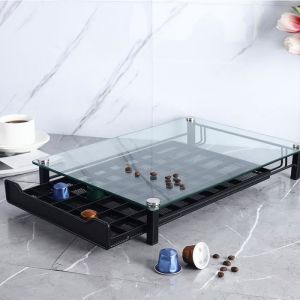 Plateau Coulissant de Rangement Capsules Nespresso - Laizere - 60 Capsules - Blanc - Verre - Rectangulaire