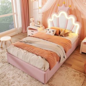 Lit Simple Lit coffre princesse couronne rose PU 90x200 cm avec tête réglable bande LED et mécanisme hydraulique - Sans Matelas