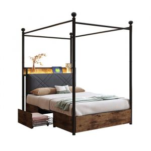Lit enfant 90x190 cm cadre &agrave; baldaquin amovible avec rangement m&eacute;tal noir (Sans matelas)