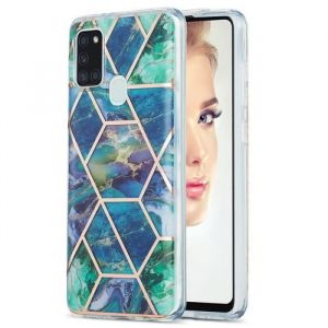Coque Samsung Galaxy A21S Marbre Géométrique Motif à Carreau Silicone Bling Ultra-fin Élégante Anti-Rayure Bleu Vert