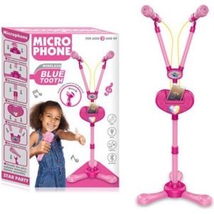 Micro Enfant sur Pied Karaok&eacute; Enfants  karaok&eacute; microphone bluetooth Avec effet d&eacute;clairage musical avec deux microphones rose 2