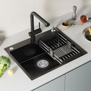 &Eacute;vier 1 Bac - ANYCEE MAX - 50x45CM - Inox - Gris fonc&eacute; - Panier &eacute;gouttoir - Distributeur de savon - pour Armoire de 60 cm