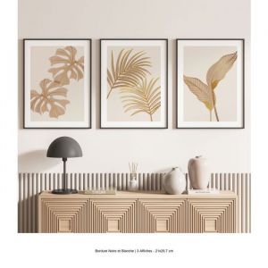 Lot de 3 Affiches / Posters Triptyque - Lumal&eacute;a - Feuilles palmiers - Bordure Noire et Blanche - 3 Affiches - 21x297 cm