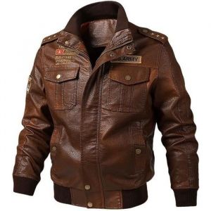 Blouson en Cuir Homme - FUNMOON - Manteau de Moto Bomber Veste Jacket PU - Grande Taille - Marron
