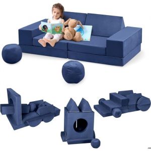 Canap&eacute; Enfant Convertible 12 PCS en Mousse-Housses Amovibles et Lavables-Chauffeuse Enfant 2 Places Transformable Bleu