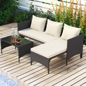 Salon de Jardin Exterieur - Ensemble de Mobilier en Résine Tressée - Table et Chaises - 3 places avec méridienne Pour Jardin - Noir