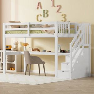 Lit mezzanine - Blanc - 90 x 200 cm - Avec bureau et tiroirs - 1 place - Montage facile