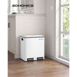 SONGMICS Poubelle Tri Sélectif 2 Bacs 2 x 15L Poubelle Double avec Seaux Intérieurs et Poignées pour Cuisine Hermétique Blanc