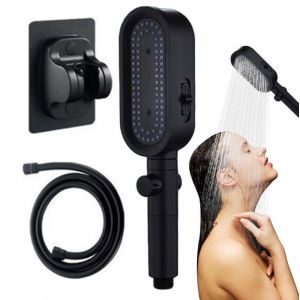 Pommeau de douche filtré haute pression multi-jets avec flexible/support de rechange ovale noir