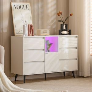 Buffet blanc moderne avec éclairage LED 6 tiroirs portes battantes laque haute brillance pieds en métal noir mat 120x40x80 cm