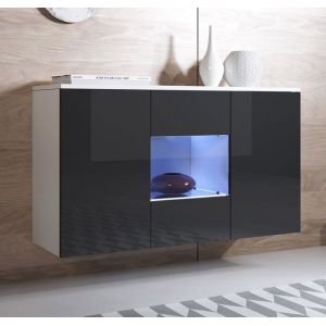 Buffet Bahut 3 portes 2 étagères vitrine LED - LUKE - A2 - Blanc et Noir - Finition Brillante - Rangement